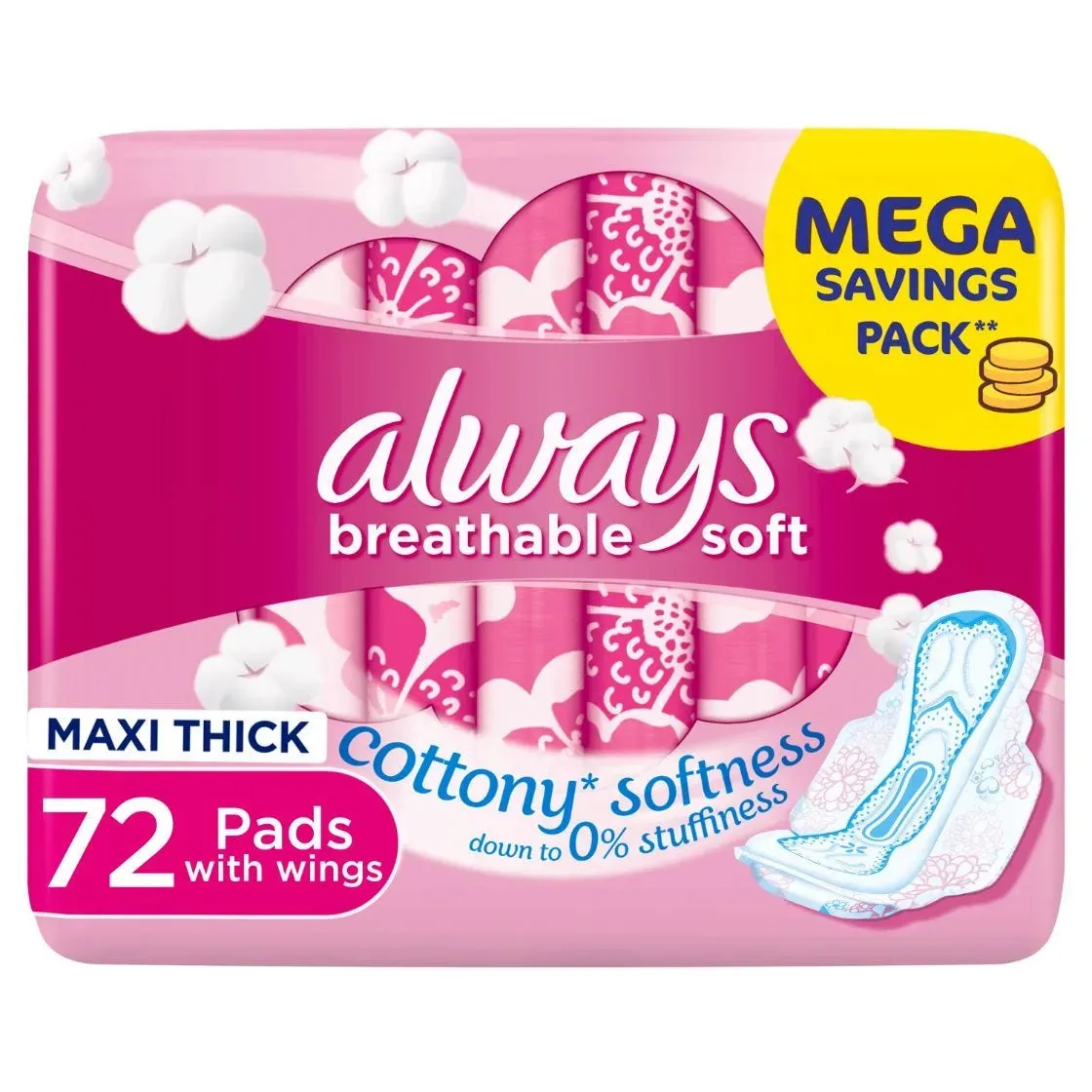 ALWAYS BREATHABLE SOFT LARGE COTTON TOUCH  72 Pad 1 Pack