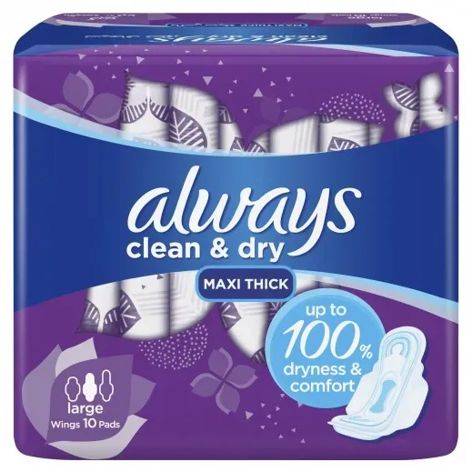 Always Sanitary Napkin Dry and Clean Large With Wings 10 Pad 1 Pack